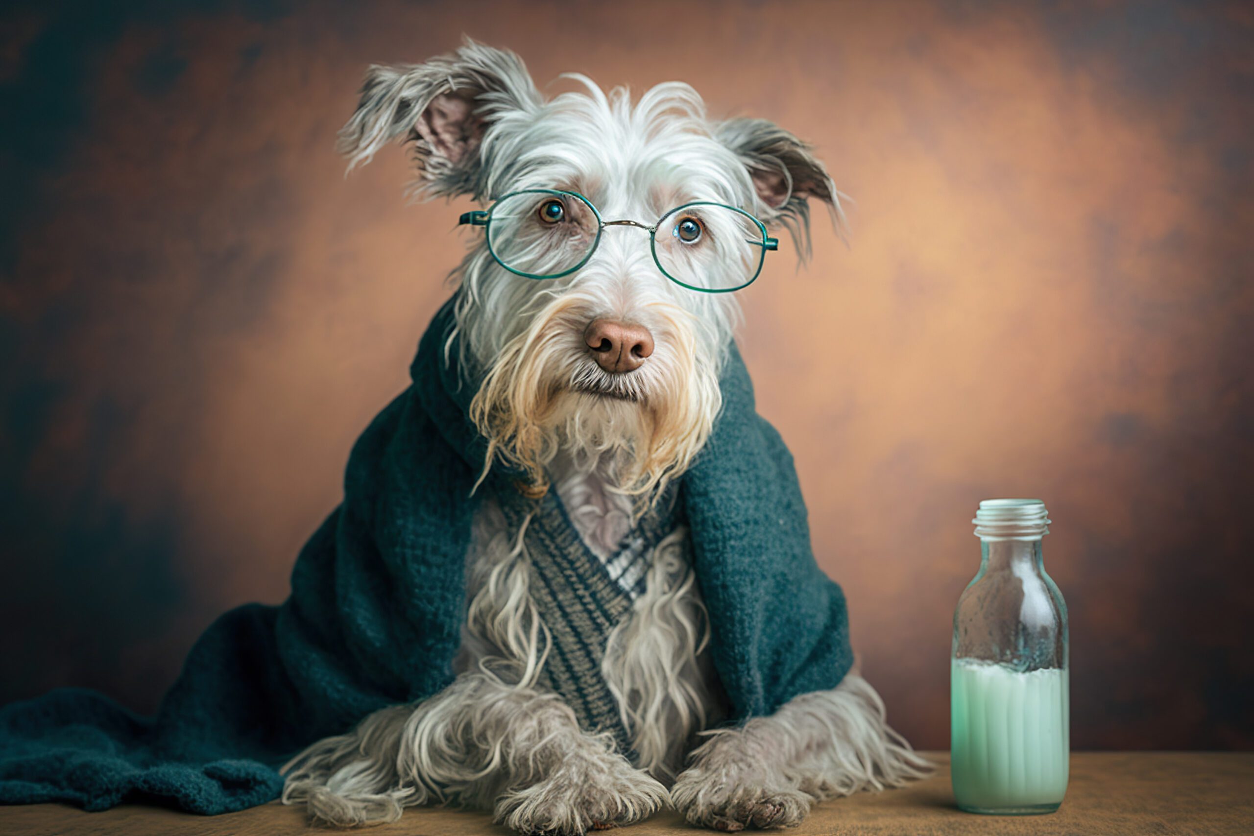 AI generated old dog in a sweater and glasses