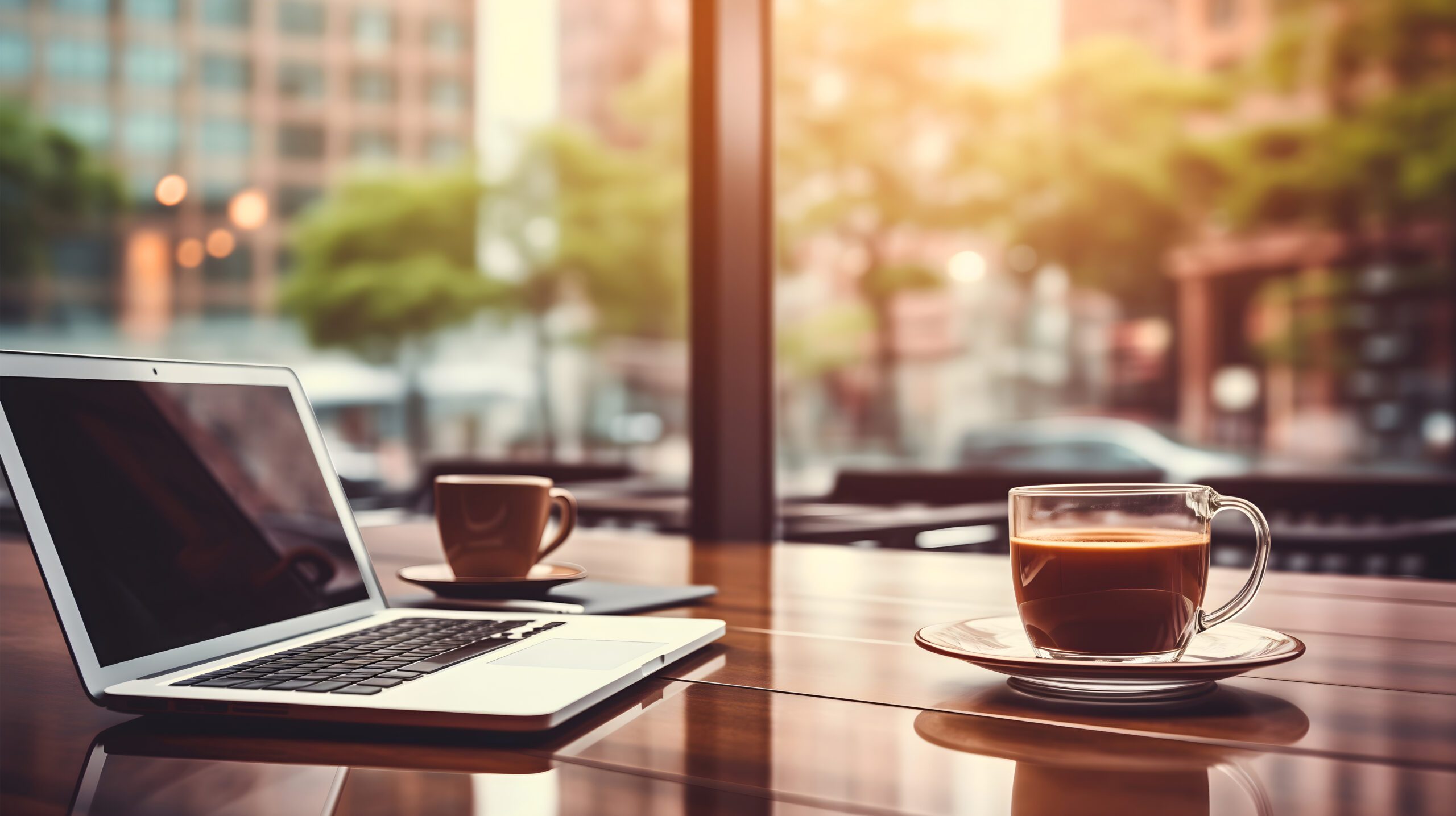 cafe with laptop and coffee on table