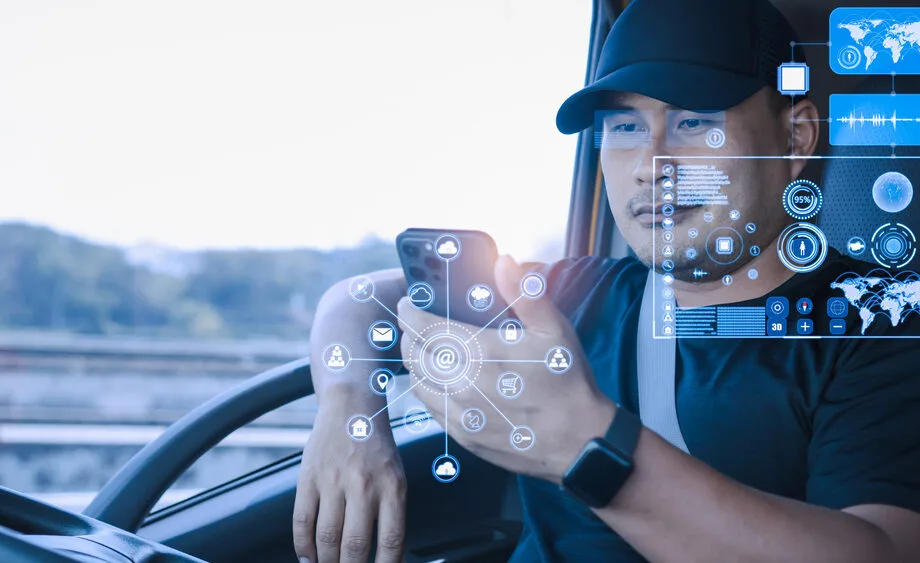 image of driver holding cell phone with tech overlay on picture