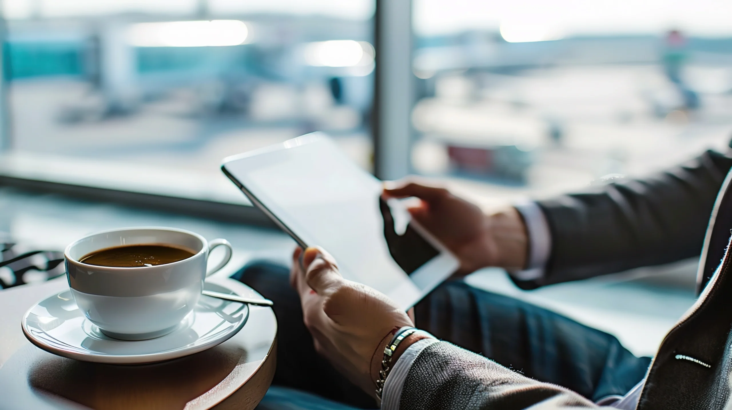 business traveler holding tablet in airport with cup of coffee on table