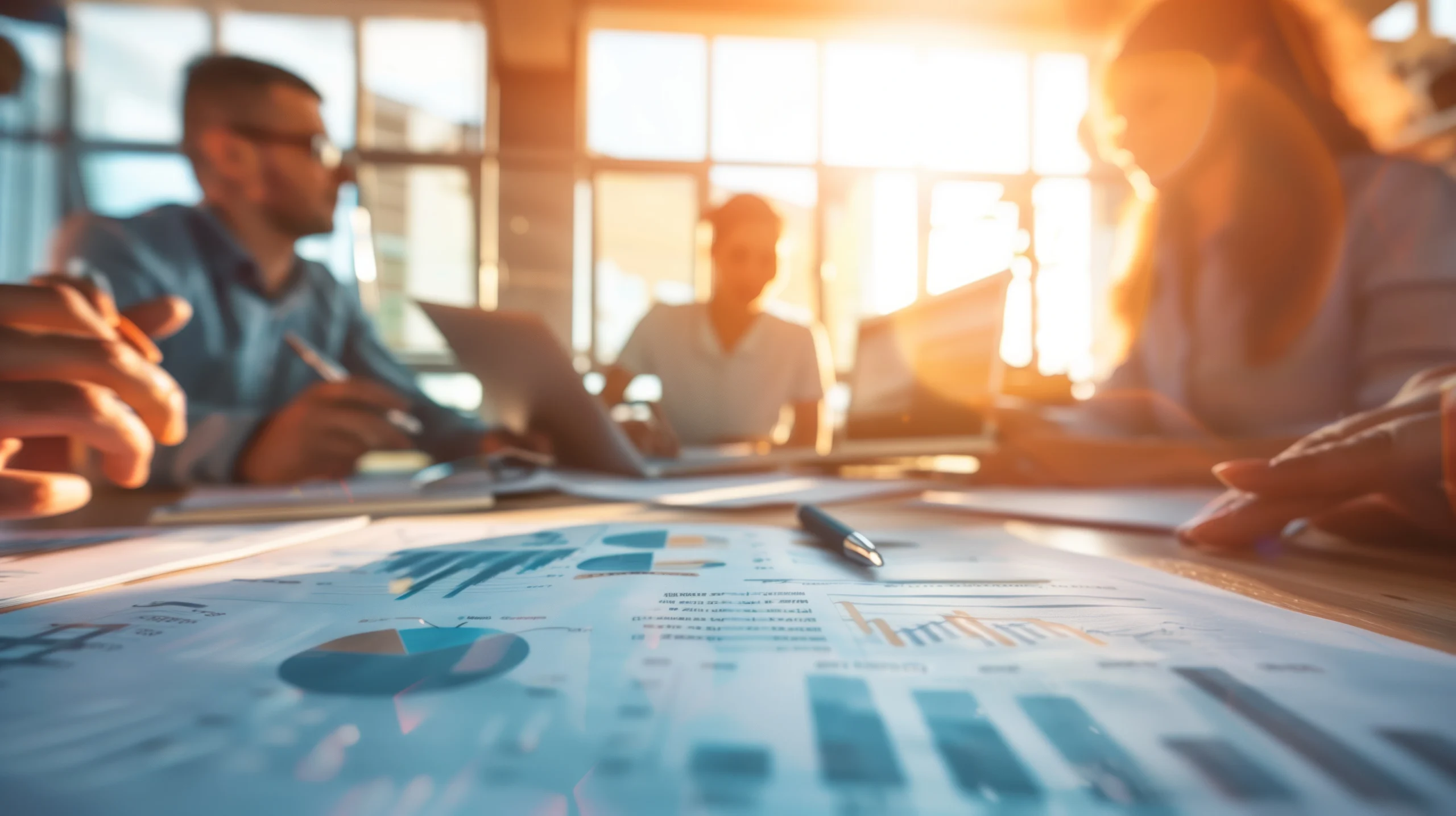 people around meeting table with charts on the table