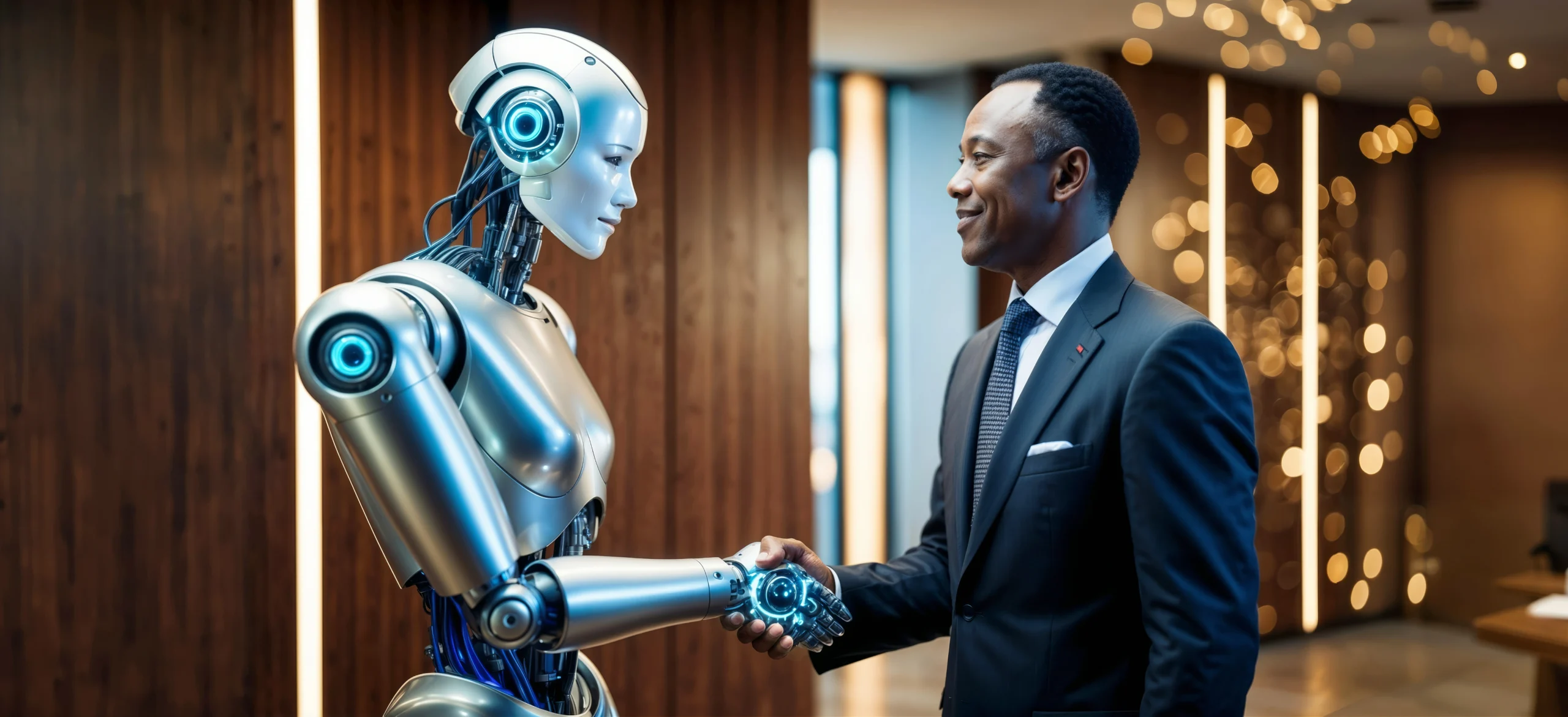 man and robot shaking hands symbolizing AI and humans working together